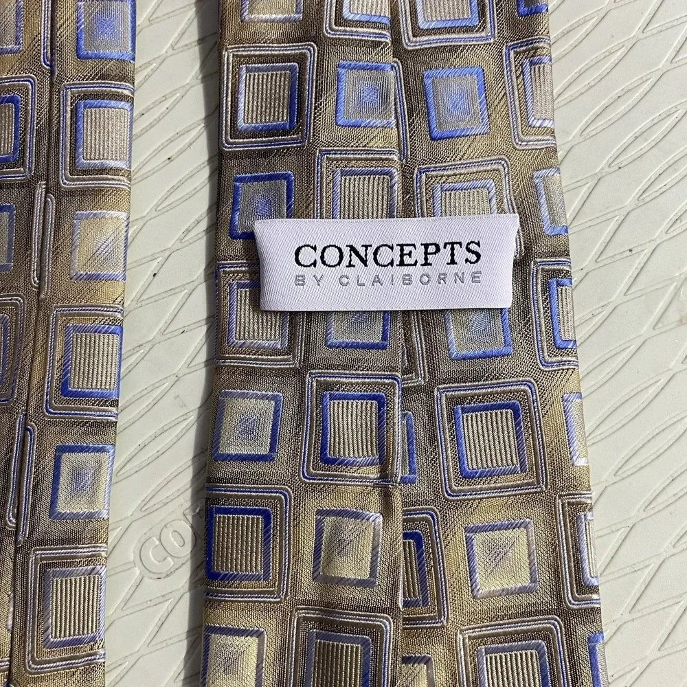 Claiborne‎ Concepts Tie Tan/Gold/Blue diamond Geometric Silk Necktie 59